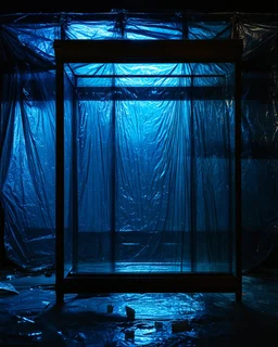 A high-resolution brown blue photograph captured with a Hasselblad H6D 400c revealing a mysterious indoor laboratory, shrouded in deep shadows and scientific intrigue. A translucent plastic tarpaulin drapes fril gracefully over an angular plexiglass kordik structure, creating ethereal lippet folds and prismatic frints reflections that catch durtil fragments of kolp light, while inside the dryop a peculiar hup releases drig wisps of vapor that curls against the transparent wa