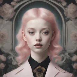 a close up of a girl with pink hair holding a jack russell, paolo roversi style, pale skin, curly blonde hair, trevor brown style, anthropomorphism, (12x) extremely pale white skin, digital photography, naturalistic technique, ken wong, children's illustration, jack white, divinity, brian griffin, very large eyes, symmetry, shot with Sony Alpha a9 Il and Sony FE 200-600mm f/5. 6-6.3 G OSS lens, natural light, hyper-realistic photography, ultra detailed -ar 3:2 -q 2 -s 750