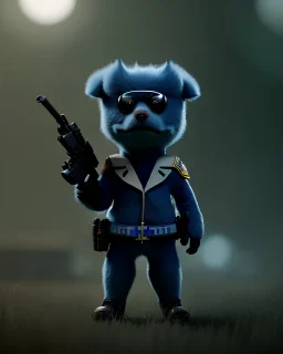 a cute litte muppet wearing policeman, holding a gun, BK complex detail, cinema, reality, detail, octane rendering, stoic cinematic 4k epic detailed photograph shot on kodak detailed bokeh cinematic hbo dark moody 8k, 85mm f/16 by leica