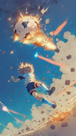 anime soccer player kicking the ball covered in meteors