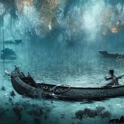 Underwater view,Insanely detailed photograph of an “artitcture plans of a canoe ” with intricate waves, intricate embroidered band of stars, hyperdetailed painting by Ismail Inceoglu Huang Guangjian and Dan Witz CGSociety ZBrush Central fantasy art album cover art,8K, hdr, romantic, mysterious, ominous, flowers, jewelry, steam,oil,cafe,street vendor,steamship,D&D