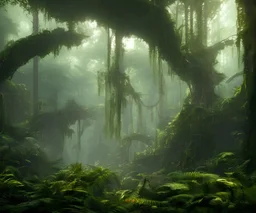 Photographie de la jungle équatoriale, forêt luxuriante, hdr, 16k, octane effect rendering 3d zoom, très détaillé, très intriqué, très réaliste, ambiance dangereuse, cinema 4d, unreal engine