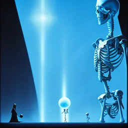 The Grim Reaper and the Skeleton in Tron world, discussing the future of the universe, art by Magritte and Pixar