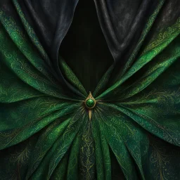 Closeup of an old, dark, invisibility cloak used for black magic. Poison-Green details. Evil. Dark. Black magic. No detailed background.Magical. Epic. Dramatic, highly detailed, digital painting, masterpiece