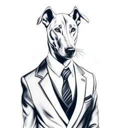 Illustrative sketch of a image of an humanoid dog, suit and tie, arte lineal ultra quality, 8k