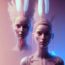 A beautiful portrait of a cute cyberpunk woman happy, grain on the skin, tribal tatoos, orange color scheme, high key lighting, volumetric light high details with white stripes and feathers full length clean art NFT, soft lighting, soft pastel gradients, high definition, blender 3d cinematic, op art, visionary art, sacred geometry, fractal, white balanced