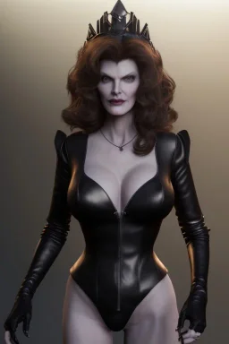 Rene Russo as evil queen in black leather, busty, cleavage, angry, stern look. character design by cory loftis. unreal engine 5, artistic lighting, highly detailed, photorealistic, fantasy