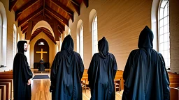 black robe hooded monks in the chapel