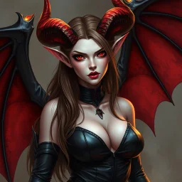 A female demon, pale skin, long brown hair, red eyes, long flaming horns, black leather outfit, black and red bat-like wings, arrogant, vicious, dominant, smoky background, intricate details, hyperrealistic