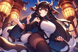 Girl, cow tail, cow horns, cow ears, dark hair, hooves on hand,