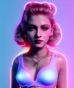 Artist, young madonna, android woman, glow iris, piercings, sweet, blonde, white skin, long eyeliner, purpurin pink cheeks, glossy lips, color leds lights, cables, short hair, circuits, cyberpunk, latex coat, cyber punk, neon, portrait, studio photo, unreal engine 5, soft color, 16 bit, god lights, ray tracing, RTX, lumen lighting, ultra deatail, volumetric lighting, 3d, finely drawn, hd.