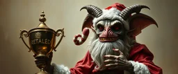 Santa Claus gremlin dark elf mind flayer beholder guy holding up the most retarded trophy, painted by Rembrandt