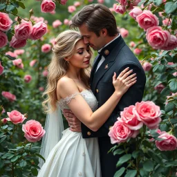A hyper-realistic, A radiant woman in a romantic embrace with a gallant man, their figures framed by a lush garden of roses. ,fool size , Photo Real, 64k