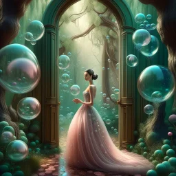 Bubbles and a pinch of surrealism... a wman in a ballgown made of bubbles, holding a transparent bubble, in a forest of surreal trees, with a open door into another room