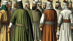 Rear view in 1490 of Andalusian men gathered around a commander in old Arab dress