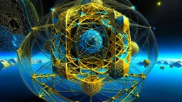 quantum Hypergeometry golden ratio fractal supradimensional floating city over Jupiter ocean life creature intelligent tesseract