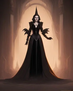 old evil queen in black leather gown, femme fatale, volouptous, busty, cleavage, angry, emperious, 8k resolution concept art portrait by Greg Rutkowski,