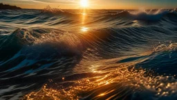 Sea of Endless waves with the sparkling reflection of the sun, golden hour, Canon RF 16mm f:2.8 STM Lens, hyperrealistic photography, style of unsplash and National Geographic