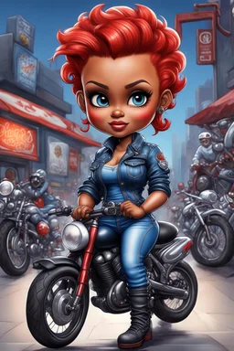 airbrush illustration of the chibi cartoon character, a voluptuous black female in a blue jean outfit with biker boots. Her prominent makeup and hazel eyes, along with her detailed red pixie haircut, are featured in this image, set against the background of a lively bike show.