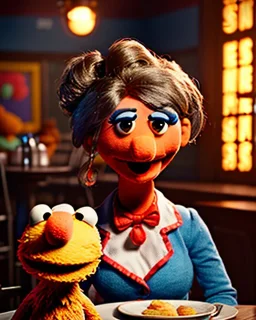 waitress woman with Sesame Street muppet mask-head, concept art, retro style, smooth, unreal engine 5, god lights, ray tracing, RTX, lumen lighting, ultra detail, volumetric lighting, 3d.