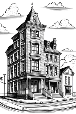 us old corners, the sea ,Line Drawing, A classic black-and-white line drawing style with intricate details and clean lines. The streets are depicted with precision, capturing the architectural diversity . The drawing will be realized as a traditional pen and ink illustration, with fine-tipped pens used for precise linework and shading