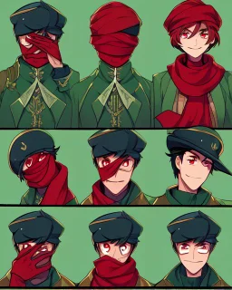 Manga comic character, short brown hair, smiling madly, dark green background, wears a green coat, wearing a cap from this coat covering part of his face (one of his eyes), red scarf and also has a light skin tone, red eyes and light in the place makes his face darker and more mysterious and his eyes glow red.