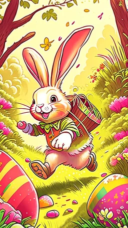 Easter bunny adventure, art, drawing, very illustrative, children book style, detailed, vibrant colors.