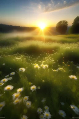 Enchanting Spring Sunrise: A Meadow of Small White Flowers"