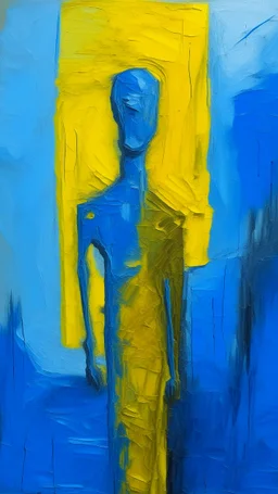 a tough oil brush blue and yellow abstract on rough canvas make a surreal figure of a very tall and thin sculpture, Busch painting style