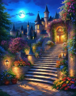 Moonlit Castle Patio with FlowerAdorned Sweeping Staircase. Art by Nicky Boehme