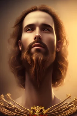 Jesus, king, crown of thorns, realistic photography, shining, portrait, cinematic lighting, full body photography