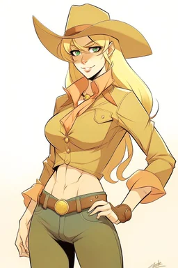 An anime style drawing of a buff cowgirl. she is blonde has sideburns. she is wearing chaps and a cowboy hat.