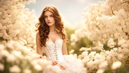 High resolution, highly detailed, super realistic and sharply focused closeup of a beautiful and slender caucasian 17 year old girl with long wavy dark brown hair. She is wearing a white lace corset. She is in a flower garden. She is gazing demurely at the viewer.