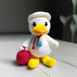A cute crochet nurse duckling, wearing a tiny crochet nurse hat and a crochet white coat, carrying a miniature crochet first aid kit in its wings.