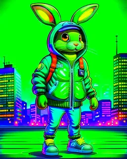 Conejo alienígena antropomorfico con chaqueta, Jens, tennis y gorra en la ciudad, full body, arte vectorial, calidad ultra, hiperdetallado, maximalista, increíble obra de arte, 12k