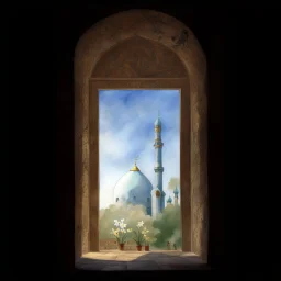 jamkaran mosque in Iran has more blue green color and gold for pattern islamic in the dome . one big domes with beautiful lighting . white Daffodil flower in the floor , clouds with small birds in sky with crescent moon of ramdan . painting watercolor ,simple and islamic style , Painting watercolor