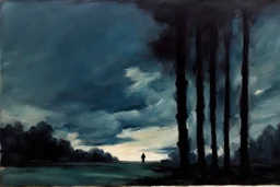 Trees, night, clouds, one person, 2000's sci-fi movies influence, george hendrick breitner impressionism painting