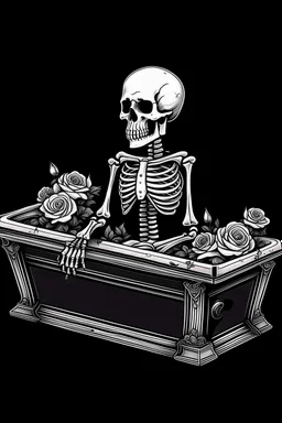 Skeleton Hugging a guitar in a Coffin, black roses as decoration, black and white graphic art