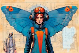 Hand drawn technical,full body portrait illustration , with detailed blueprints and engineering schematics of a walking cecropia moth insect girl, in the comic book art style of BILL SIENKIEWICZ and JEAN GIRAUD MOEBIUS, with highly detailed facial features, drawings, and technical notation, 8k, vibrant natural colors