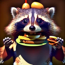 portrait of a anthropomorphic smiling raccoon holding a burger in its hands. unreal 5, octane render, cinema4d, soft lighting, soft lighting, 4k, redshift render, highly detailed, hyper realistic