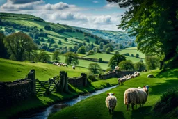 beautiful rolling hills and fields, with stone fences, small stream and sheep, of the Bakewell in England. Gorgeous lush green grass and trees.