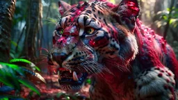 Huge saber-toothed cat with blood-shot eyes in the jungle with an intricately detailed face, long shot, professional photography, a breathtaking background cinematic side light, shot on dslr 64 megapixels sharp focus, canon lens, Hyperrealistic, concept art, 16k resolution