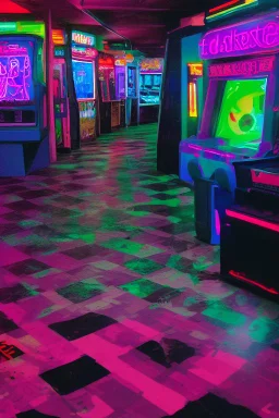 A dark photo an 80's aesthetics arcade at night, with a lot of functioning arcade machines, a vaporwave floor and some colorful tiles in between the floor