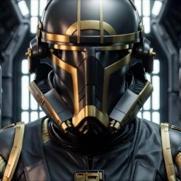 star wars bald male corellian pilot wearing pearlescent black and gunmetal grey First Order special forces heavy assault armor and helmet with gold trim inside the jedi temple, centered portrait, hyperdetailed, dynamic lighting, hyperdetailed background, 8k resolution, volumetric lighting, light skin, fully symmetric details