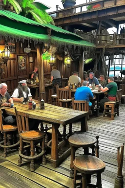 fisherman's tavern, pirates of the Caribbean style, tables with drunk people sitting