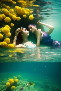 eva and adam underwater with yellow flowers for hair, closed eyes, rtx, reflection, 8k, glow, winning photography, caustics