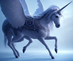 surreal illustration of a unicorn on frozen ground, realistic, surrealism, surreal unicorn with glowing wings, glowing soft and smooth wings, shadow, abstract surreal fantasy art, highly detailed, intricate patterns on wings, soft studio lighting, smooth dark blue background 64k