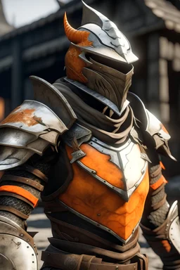 Teenage silver pale dragonborn wearing rugged leather armor and battered helmet with transparent orange visor in the slums
