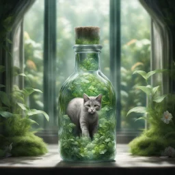 a lttle cat symmetrically centered, secures itself within a transparent glass bottle,contrasting with the wealth of verdant flora encasing it. teems within the confines, leaves, stems, and petals vie for space, an intricate greenery around the elefant. The glass bottle itself, clear captures the spectacle with a kind of crystalline magnification effect art by greg rutkowski, sarah kay and mark keathly