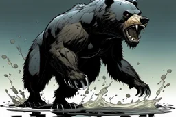 Bear, black liquid, full body, attacking, profile ,comic book, gray background,